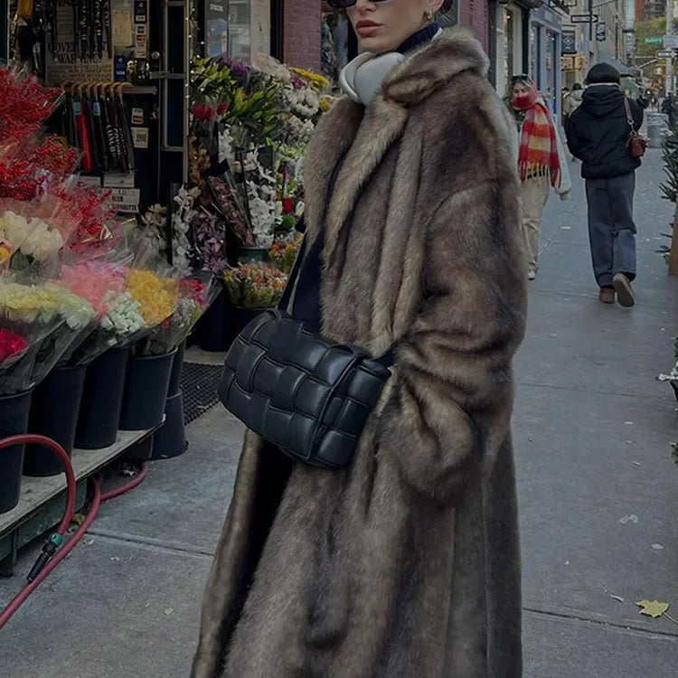 Women Retro Luxury Faux Fur Coat Fashion Lapel Single Breasted Long Sleeve Pockets Jacket Winter Plush Warm High Street Outwear Style B