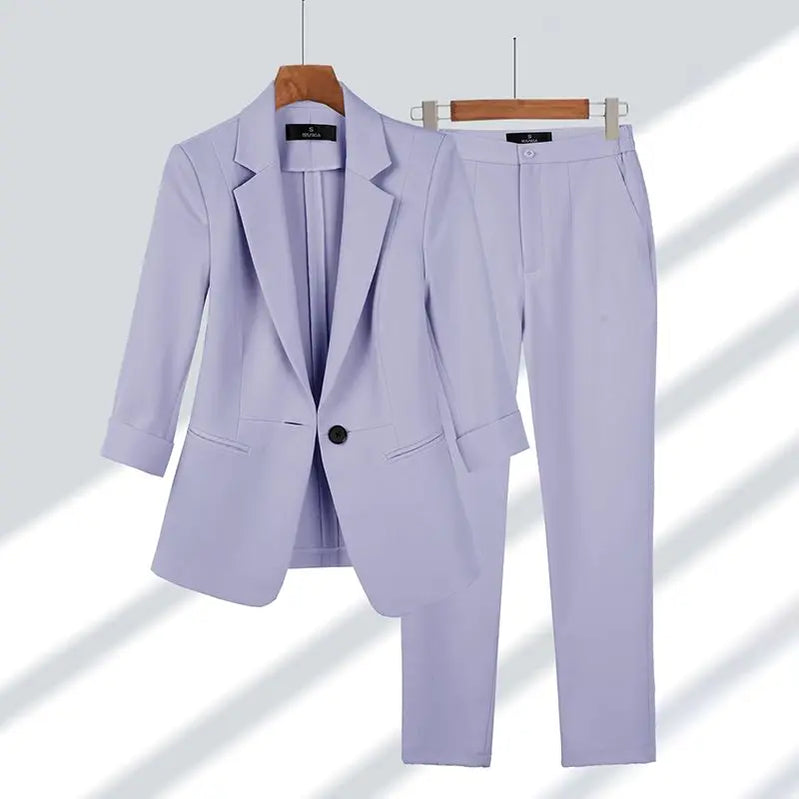 Spring Summer New Elegant Suit Jacket Matching Set Women's Korean Chic Blazers Coat Pants 2 Piece Female Professional Suit Purple Set