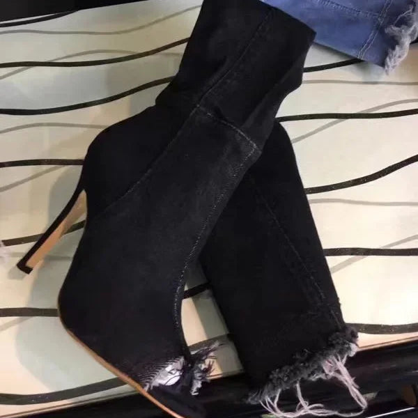 Fashion Women High Heels Spring Autumn Peep Toe Over The Knee Boots Tight High Stiletto Jeans Boots Cowboy Women Boots Black