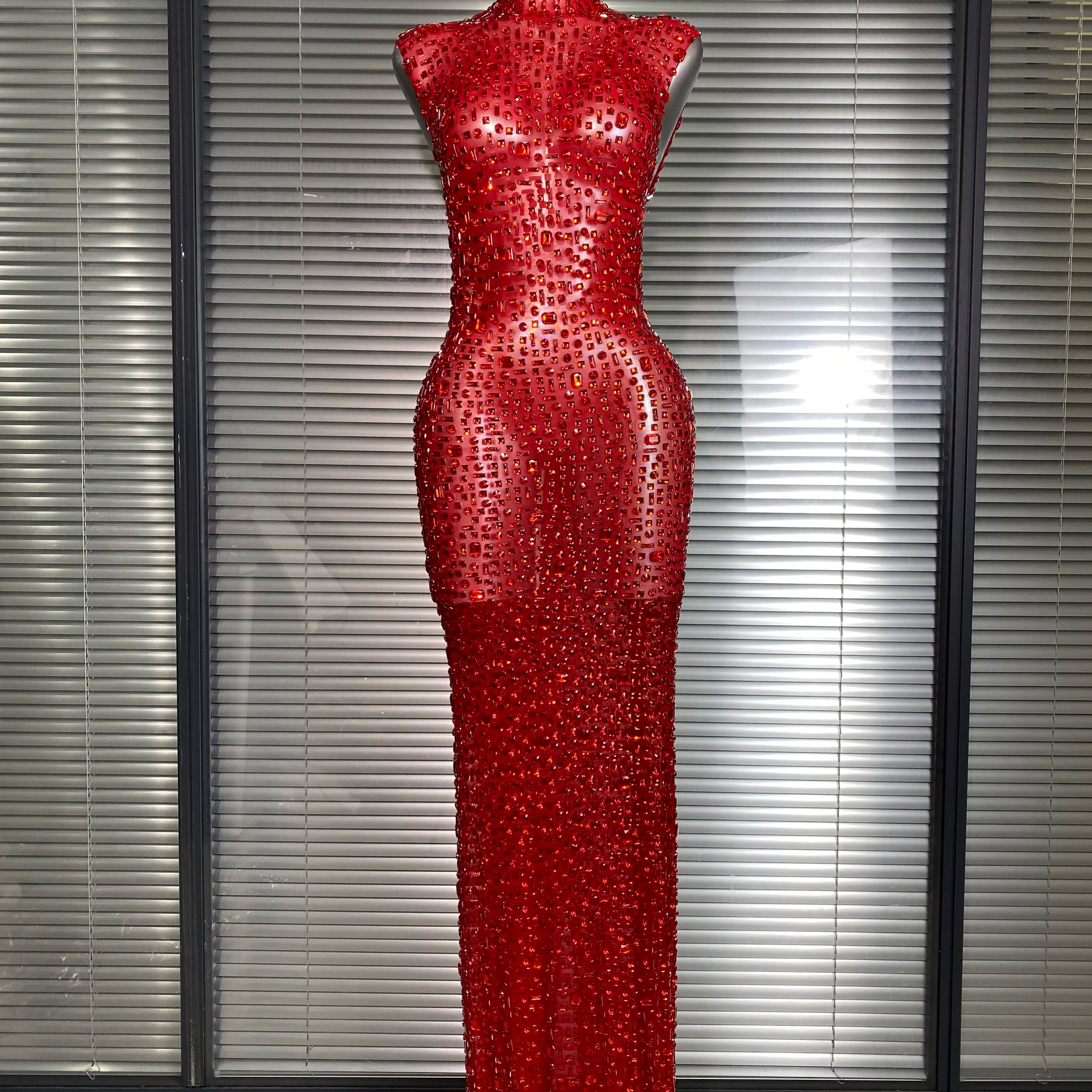 Women Sexy Mesh Crystal Diamonds Black Maxi Dress See Through Party Singer Stage Performance Costume