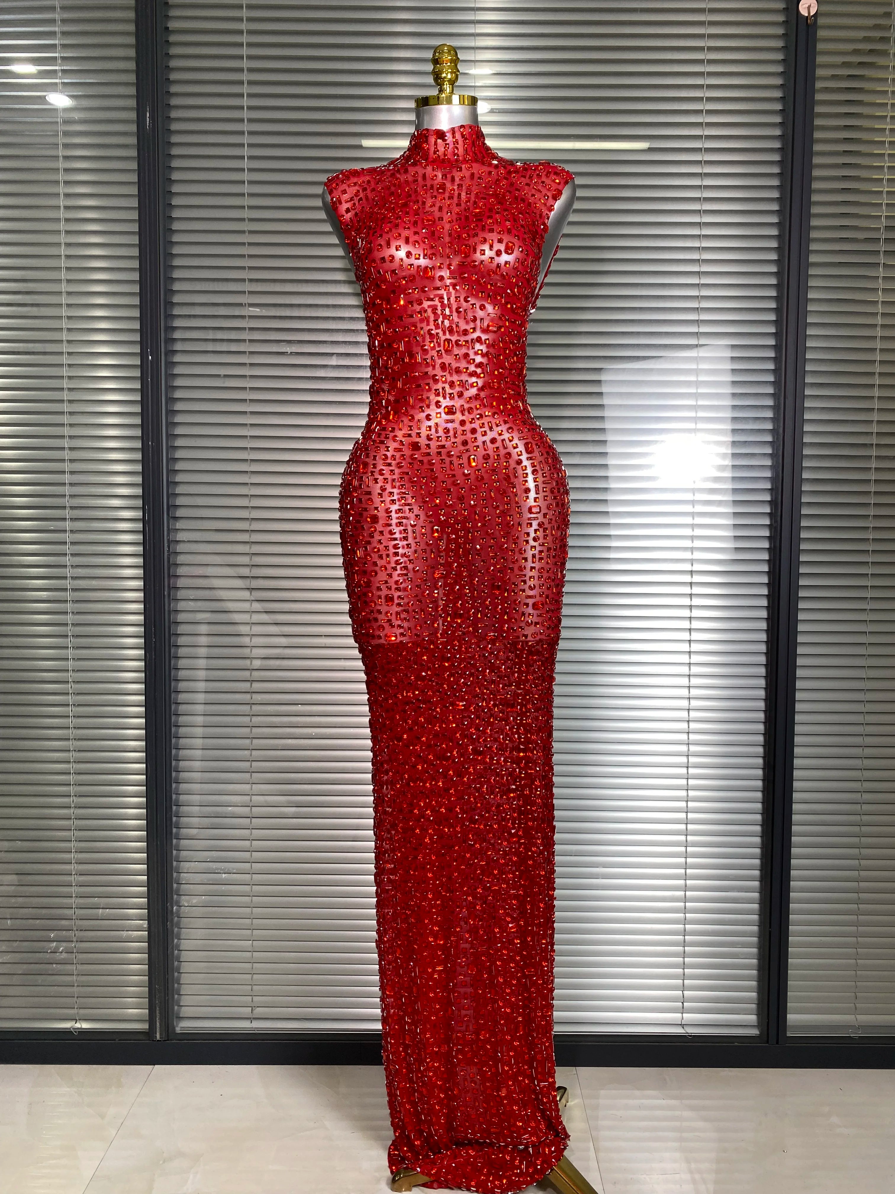 Women Sexy Mesh Crystal Diamonds Black Maxi Dress See Through Party Singer Stage Performance Costume