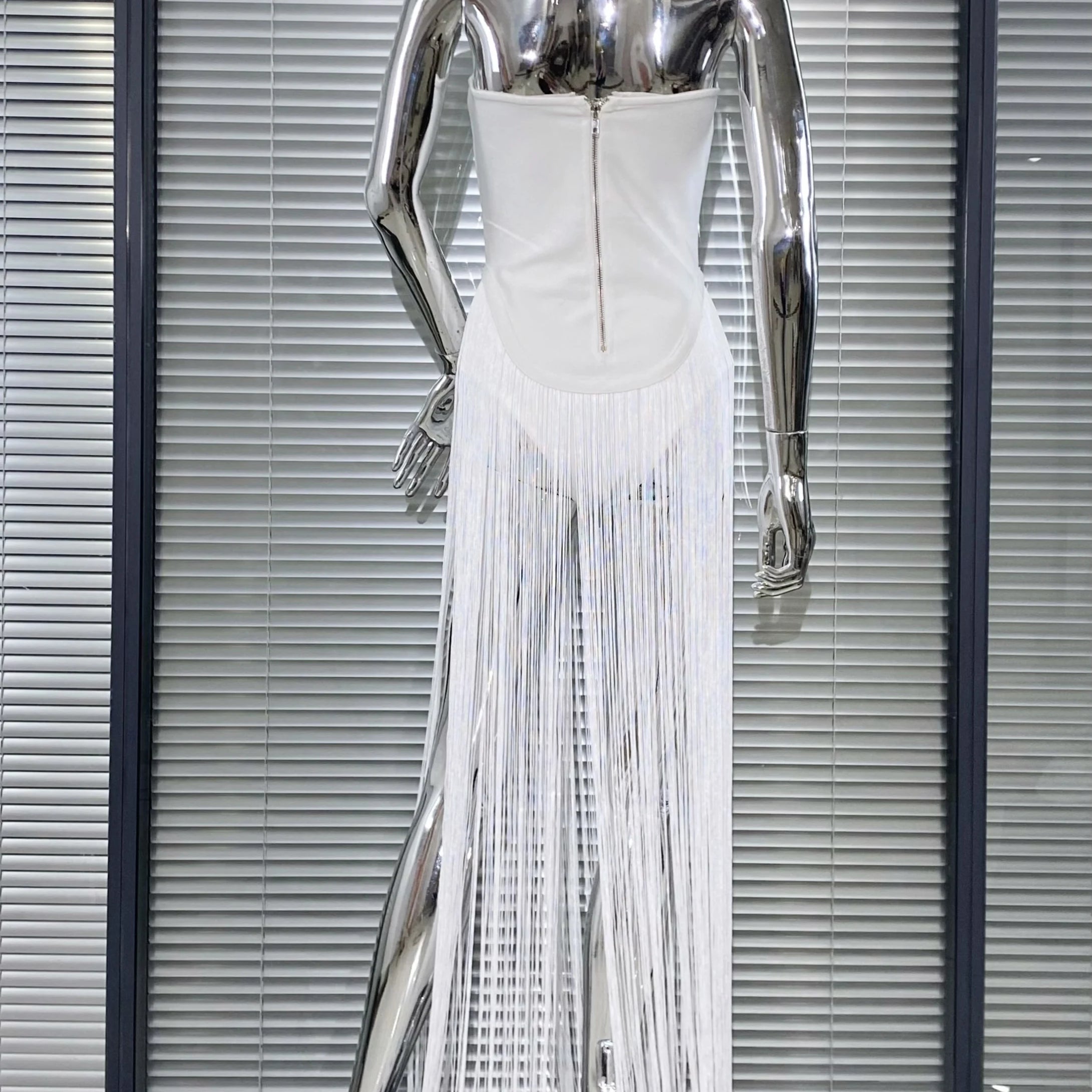 Summer White Color Long Tassel Strapless Bandage Jumpsuit Fashion Woman Party Bodysuit Vestido Performances Costume