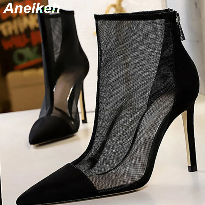 Fashion Spring Ventilation Mesh ANKLE Boots Ladies Pumps 9.5CM Thin Heels Pointed Toe ZIP Solid Women's Shoes