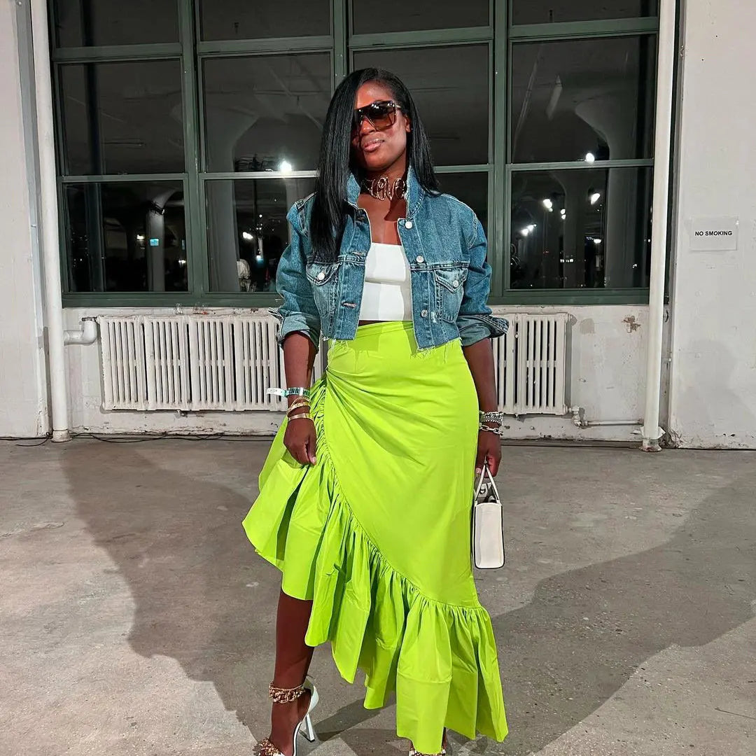 CM.YAYA Women Ruffles Hem Asymmetrical High Waist Maxi Long Skirt 2022 Autumn Winter Streetwear INS Fashion Skirts