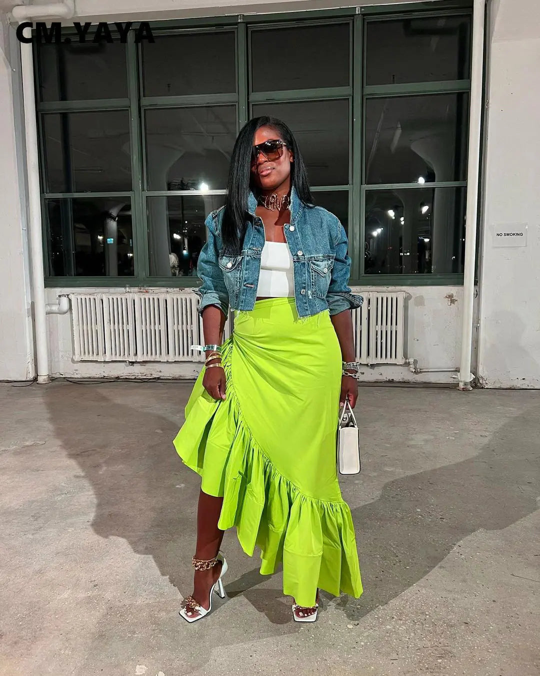 CM.YAYA Women Ruffles Hem Asymmetrical High Waist Maxi Long Skirt 2022 Autumn Winter Streetwear INS Fashion Skirts