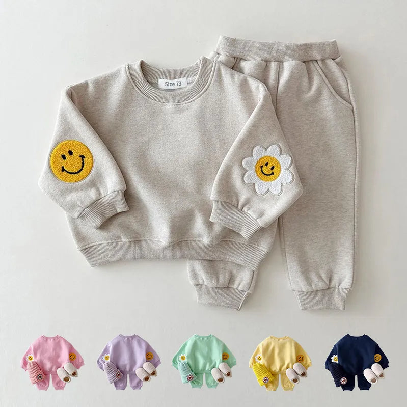 Vinter varm baby flicka pojke kläder set broderi förtjockar fleece tröja + pant baby pojke träning småbarn flicka kläder korea