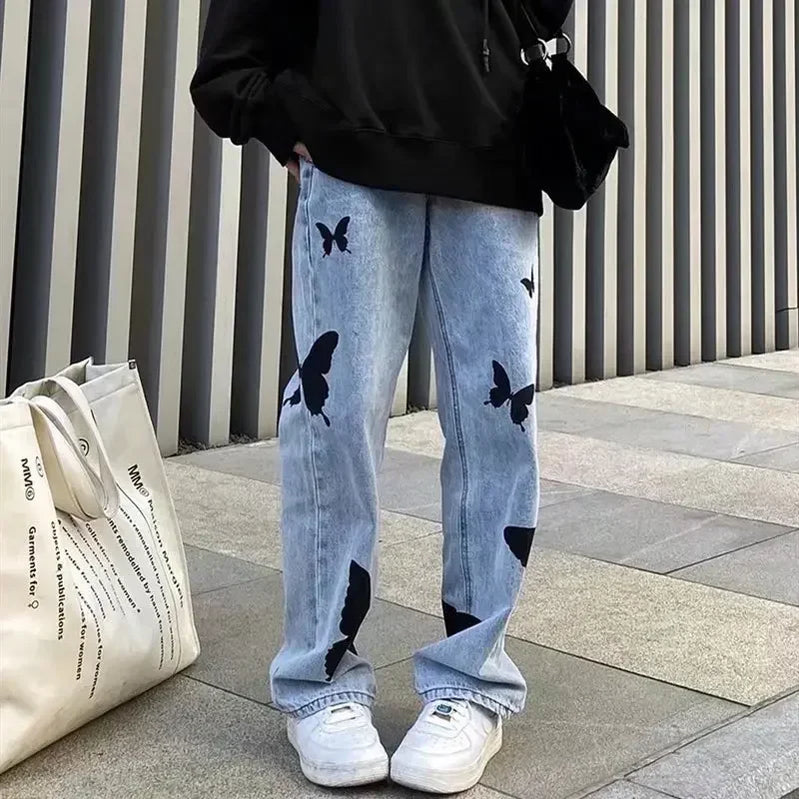 Loose Baggy Casual Denim Hip Hop Streetwear Straight Trousers Clothing Butterfly Print Women Jeans Pants Jeans Woman