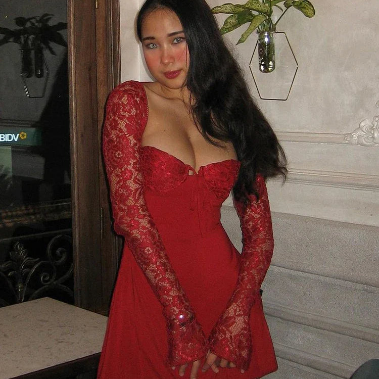 JULISSA MO Fashion Lace Patchwork Long Sleeve Bangage Backless Mini Dress For Women Spring Sexy Slim Fit Party Clubwear New Red