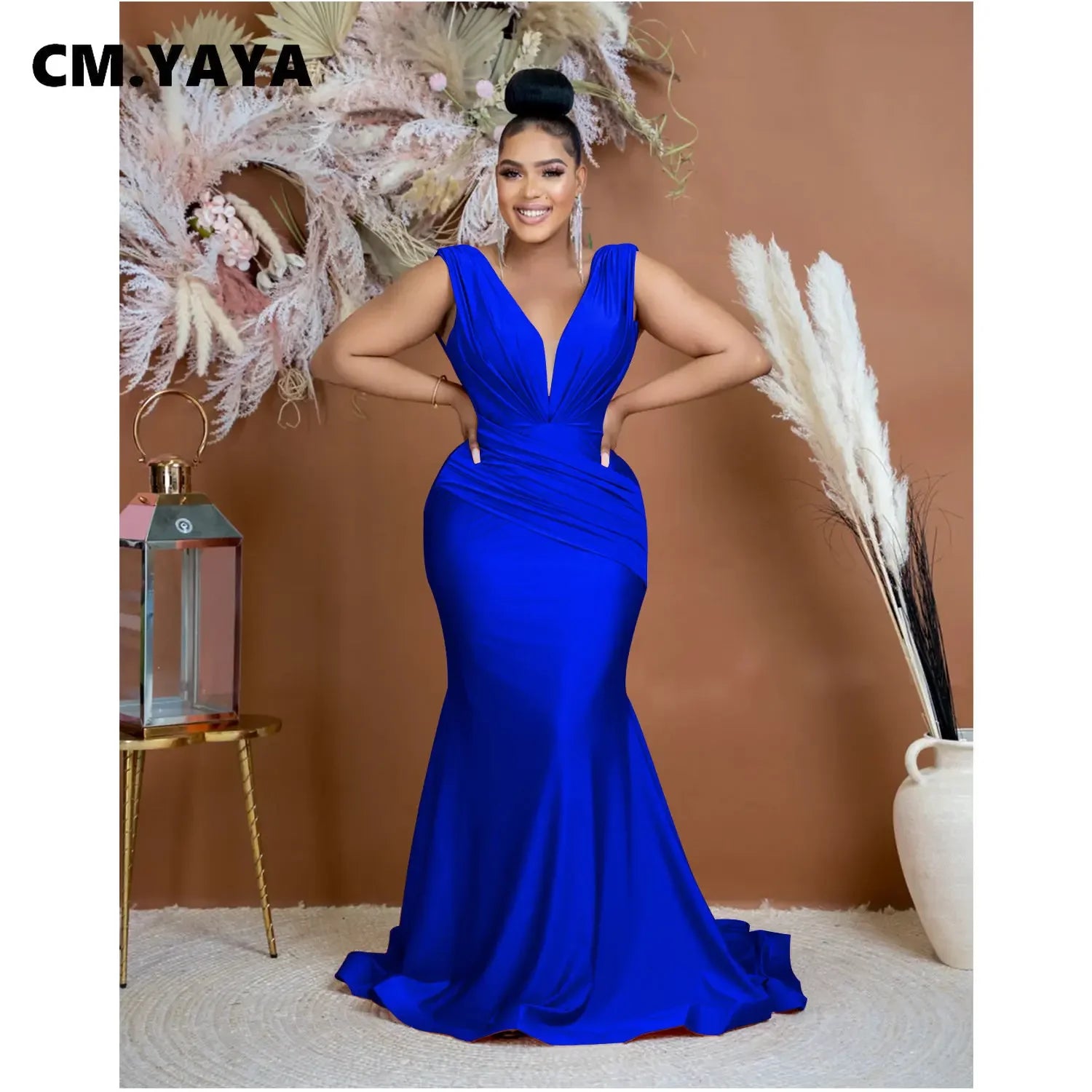 CM.YAYA Women Draped Waist Shoulder Sleeveless Deep V-neck Maxi Long Trumpet Mermaid Dress 2023 Club Sexy Party Evening Dresses