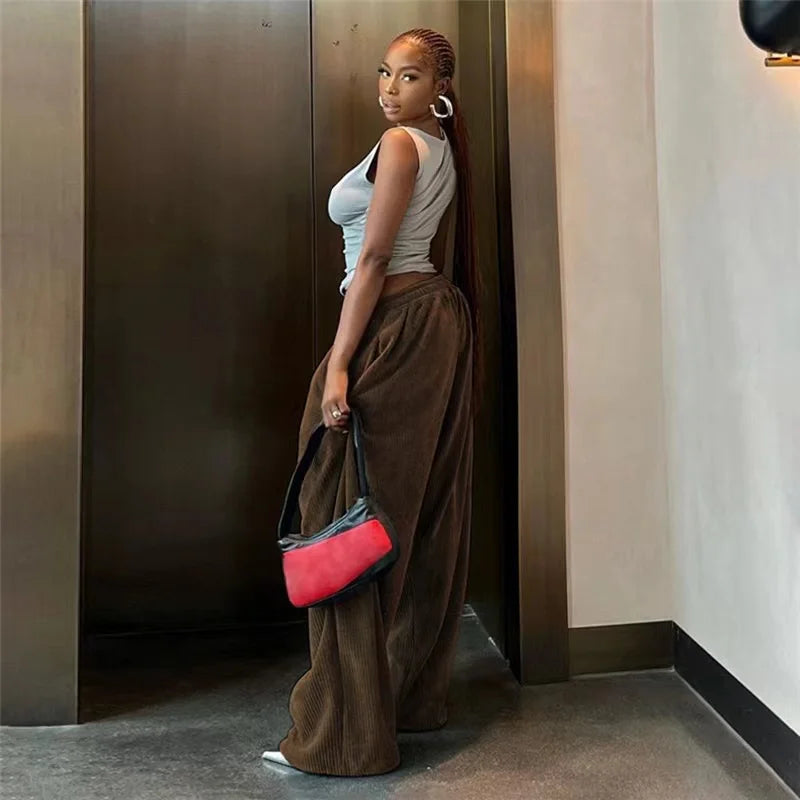 Autumn Winter Y2K Casual Wide-Leg Pants Women Loose Simple Basic Pocket High Waist Trouser Corduroy Streetwear Long Bottoms