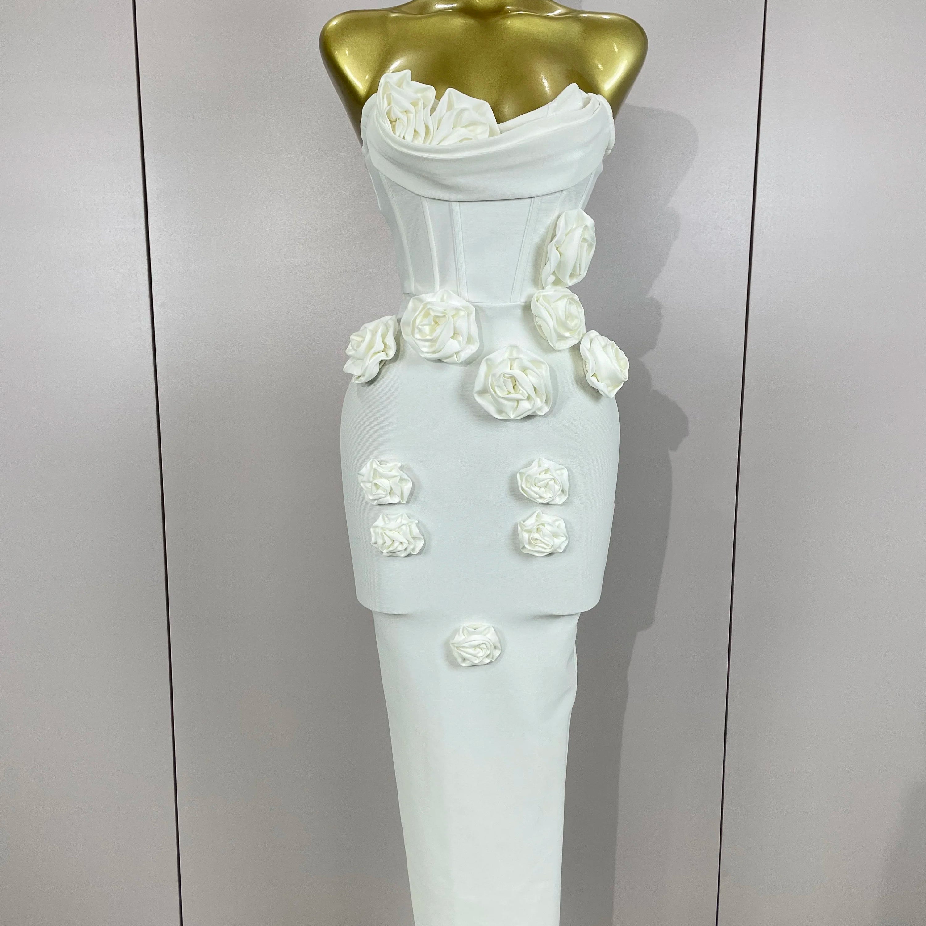 Sexy Fashion White Elegant Strapless Flower Bodycon Long Dress Women Casual Streetwear Club Birthday Party Slim Elegangt Dresses