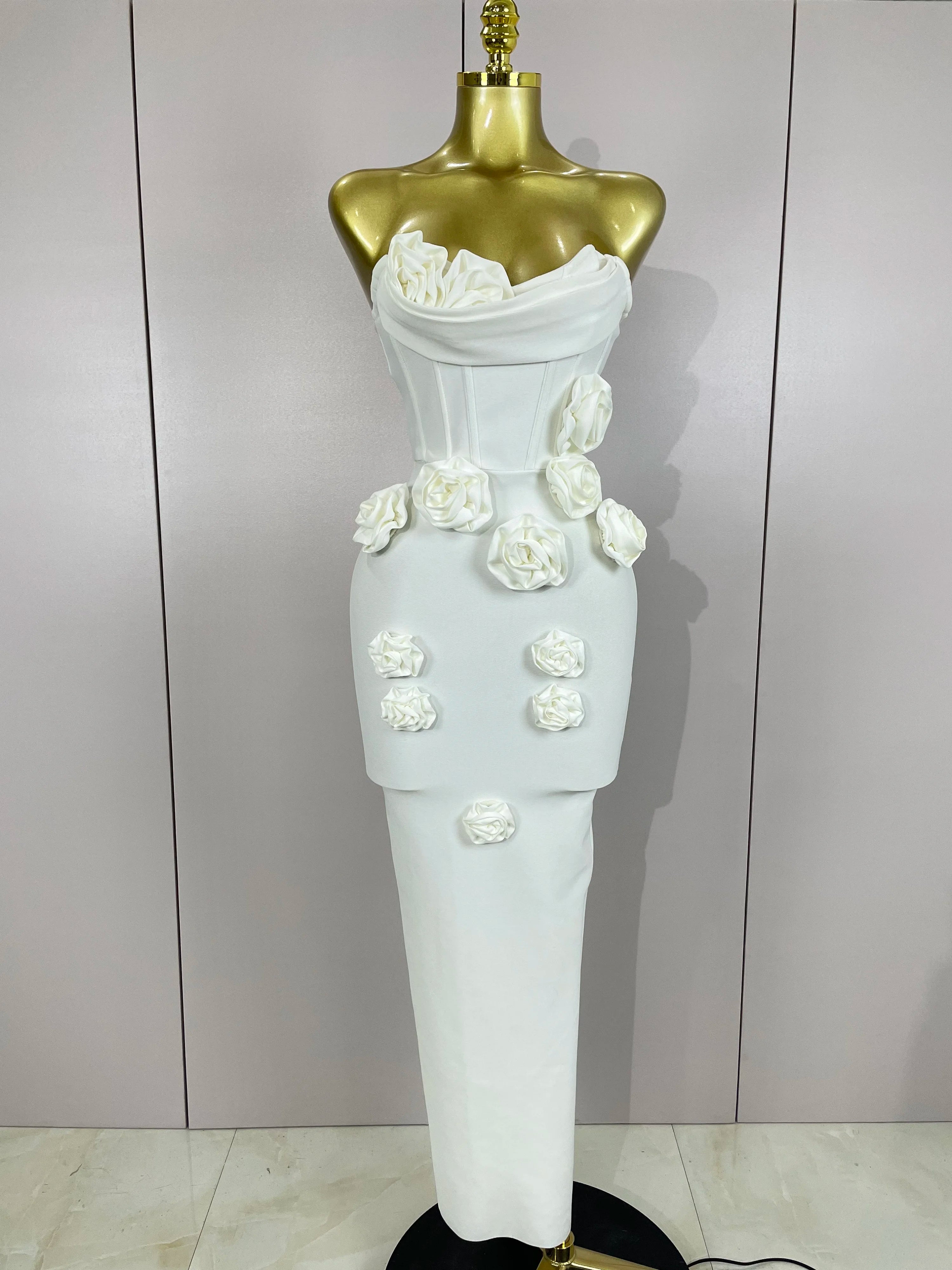 Sexy Fashion White Elegant Strapless Flower Bodycon Long Dress Women Casual Streetwear Club Birthday Party Slim Elegangt Dresses