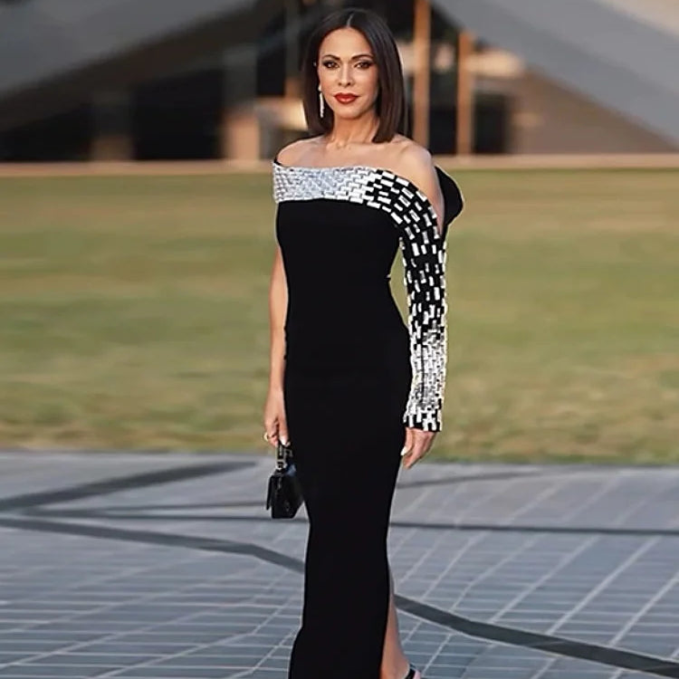 Spacial Design Luxury Diamonds Sexy Off The Shoulder Black Ankle Length Bandage Dress Woman Party Vestido Birthday Party Outfit