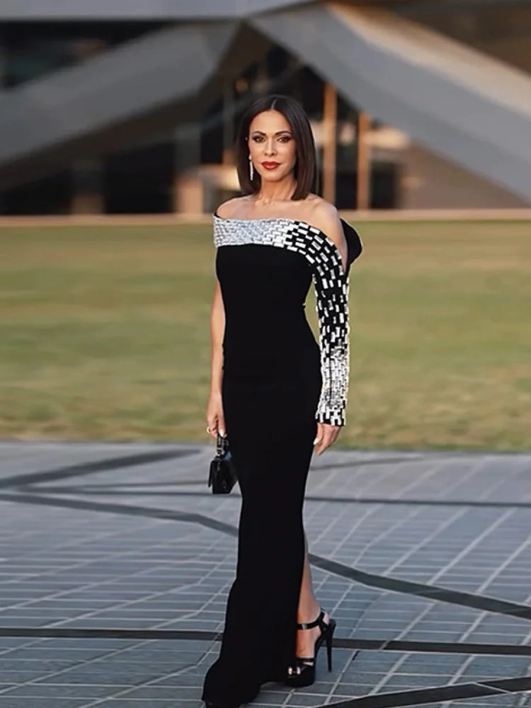 Spacial Design Luxury Diamonds Sexy Off The Shoulder Black Ankle Length Bandage Dress Woman Party Vestido Birthday Party Outfit