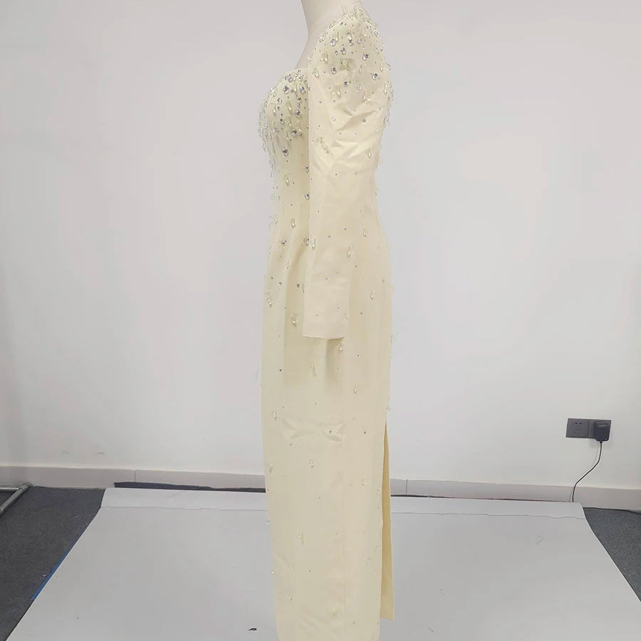 TWOTWINSTYLE Solid Slimming Spliced Bead Luxurious Midi Dresses for Women Square Neck Long Sleeves Split Elegant Dress Female