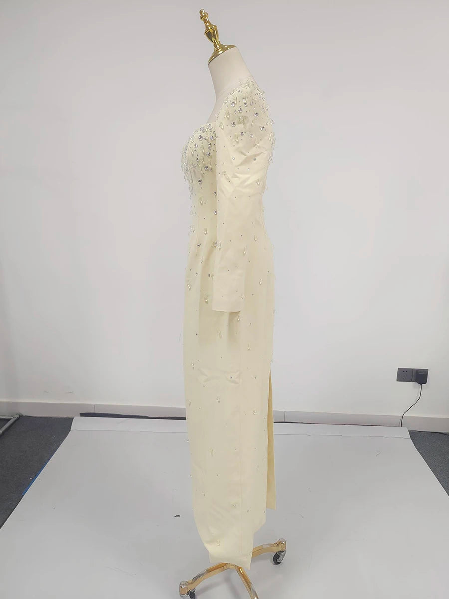 TWOTWINSTYLE Solid Slimming Spliced Bead Luxurious Midi Dresses for Women Square Neck Long Sleeves Split Elegant Dress Female