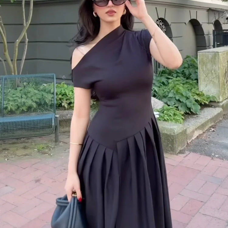 Chic Off Shoulder Irregular Neck Women's Dress Elegant High Waist A-line Hem Pleated Midi Dresses New Summer Lady Commuting Robe