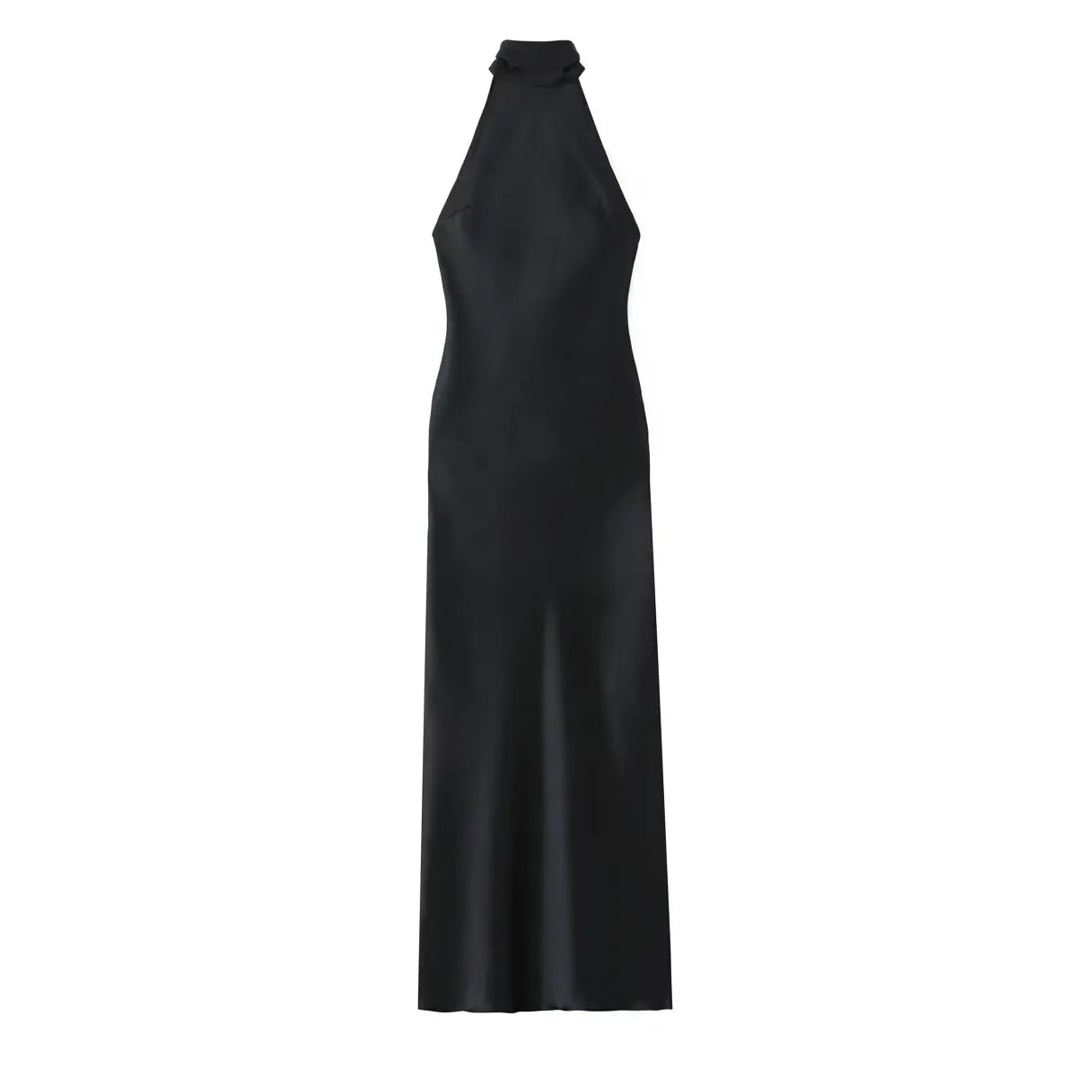 TRAFZA Women Fashion Backless Sexy Black Halter Tie Satin Long Dress Dresses Woman Bodycon Dresses New Ladies Luxury Party Black