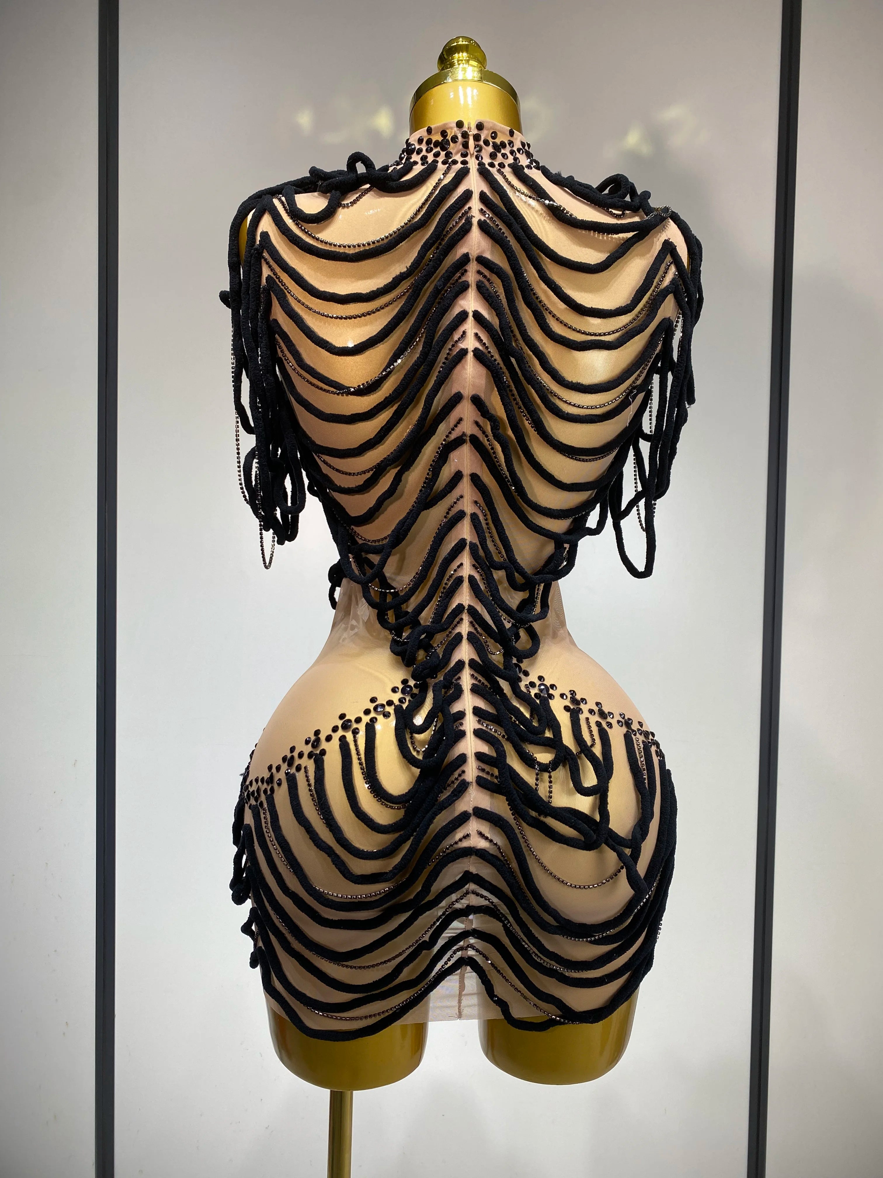 Women Sexy Fashion Short Dress Mesh Designer Rhinestones Chain Stage Costume Nightclub Celebrate Party Performance Outfit