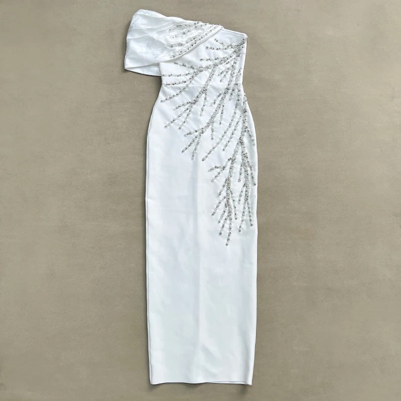 White Black Color Women Sexy One Shoulder Shinning Crystal Bodycon Long Bandage Dress Celebrate Fashion Evening Party Outfit