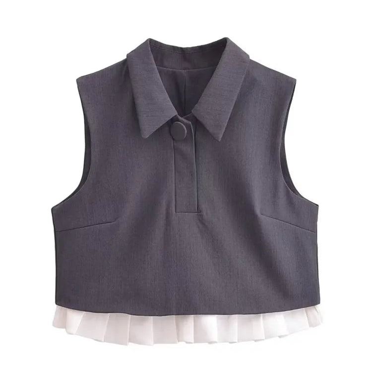 BlingBlingee Summer Women Sleeveless Shirt Mini Skirt Suits Traf Pleated Patchwork Slim Female Crop Top Tanks Sets Y2K Grey One Piece Top