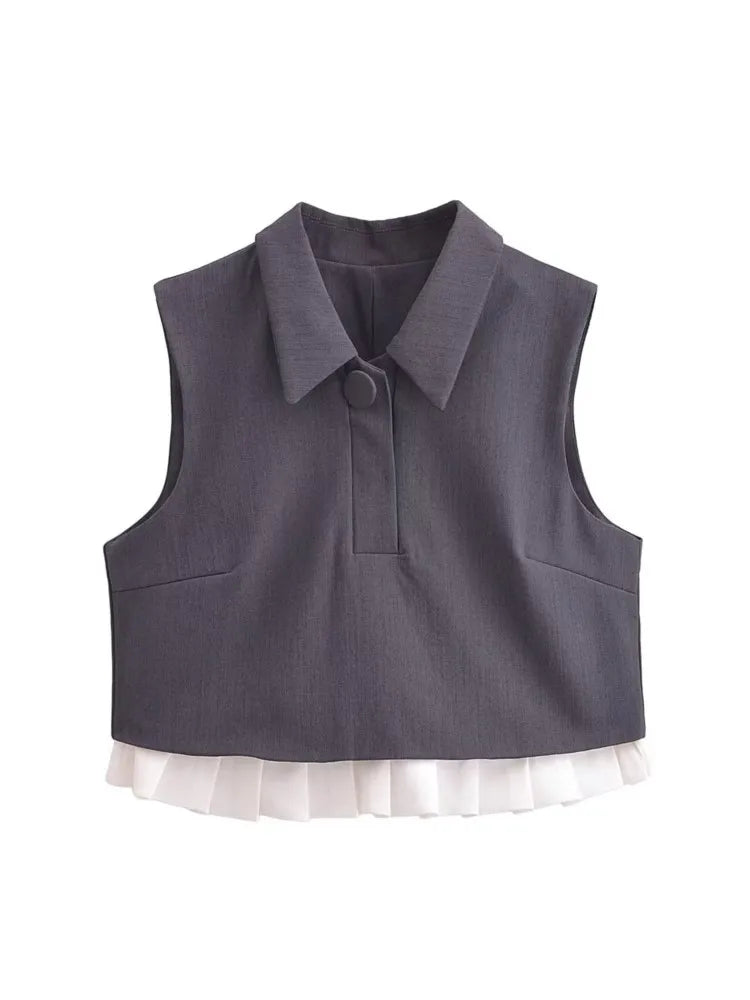 BlingBlingee Summer Women Sleeveless Shirt Mini Skirt Suits Traf Pleated Patchwork Slim Female Crop Top Tanks Sets Y2K Grey One Piece Top