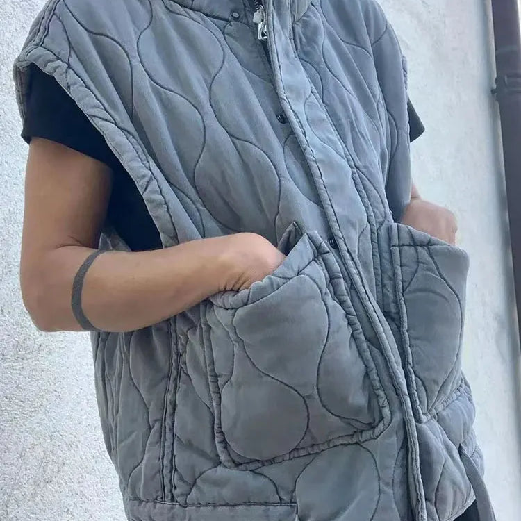 Autumn Winter Women Pocket Parkas Cotton Vest Jacket Zipper Sleeveless Female Padded Waistcoat