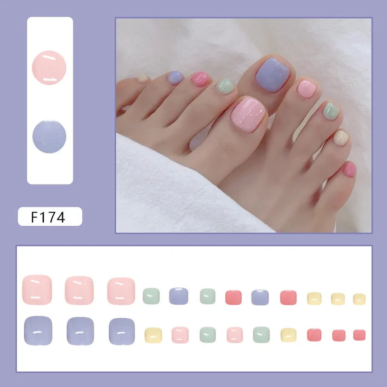 24pcs Summer Color False Toenails Purple Pink Sweet Korean Fake Toe Nails Wearable Detachable Square Head Press on Toenails