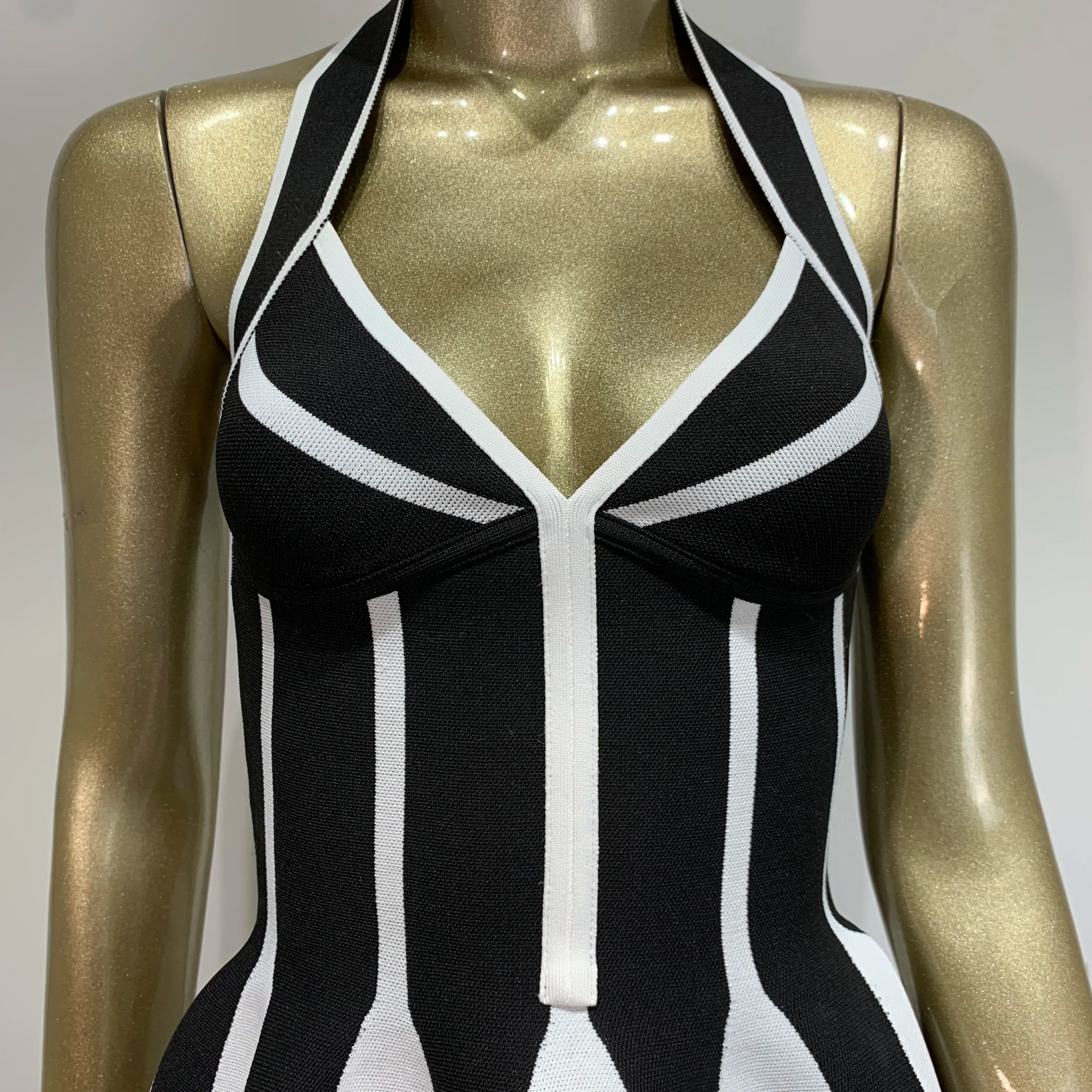 Women Celebrity Sexy Backless Halter Striped A Line Mini Jacquard Bodycon Bandage Dress 2025 Elegant Evening Club Party Outfit