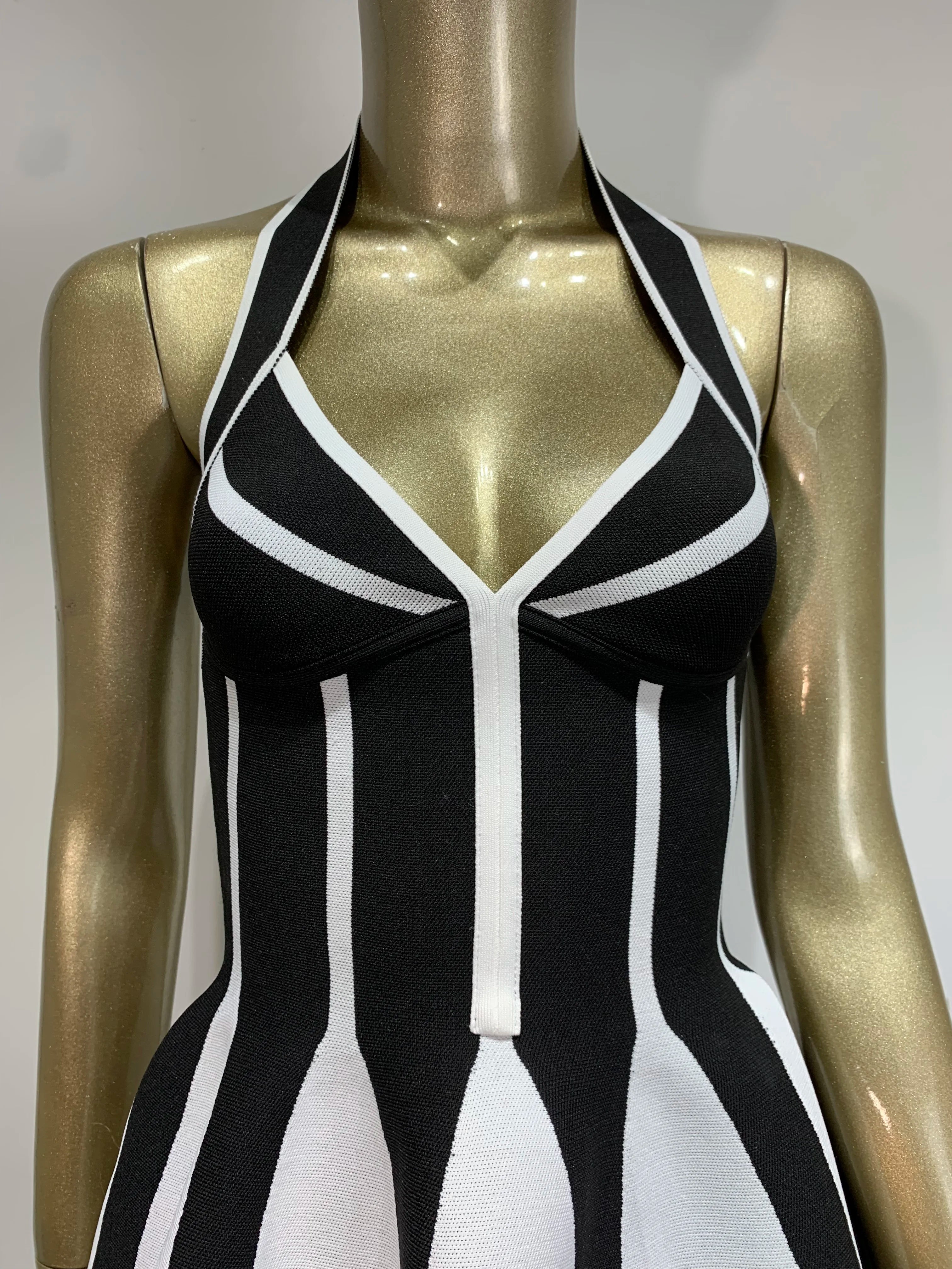 Women Celebrity Sexy Backless Halter Striped A Line Mini Jacquard Bodycon Bandage Dress 2025 Elegant Evening Club Party Outfit
