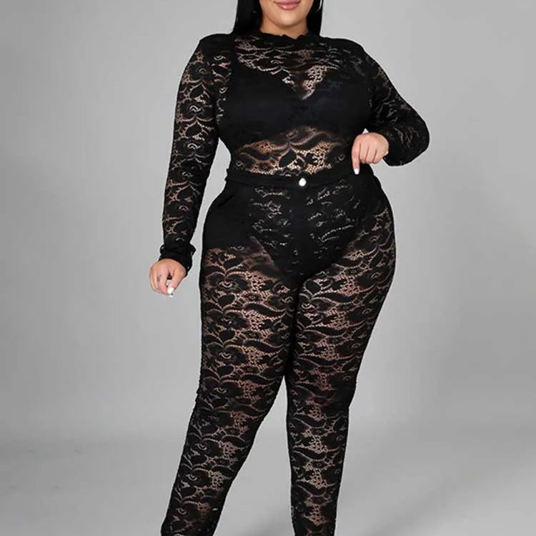 Chic and Elegant Woman Set Night Club Wear Plus Size Women Hot Outfit Transparent Lace Bodysuit and Pants Sexy Festival Outfit
