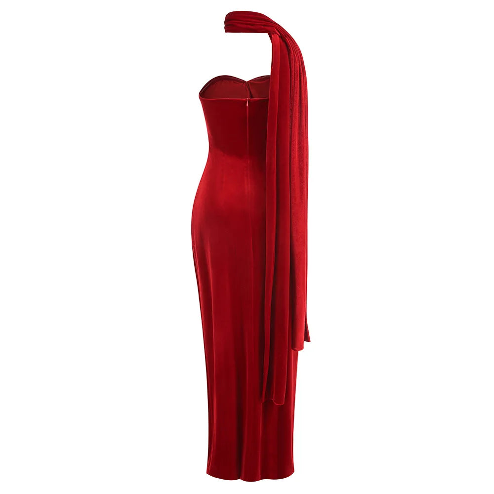 Spring Women Sexy Strapless Velvet Bodycon Long Dress Celebrate Fashion Evening Party Cocktail Outfit