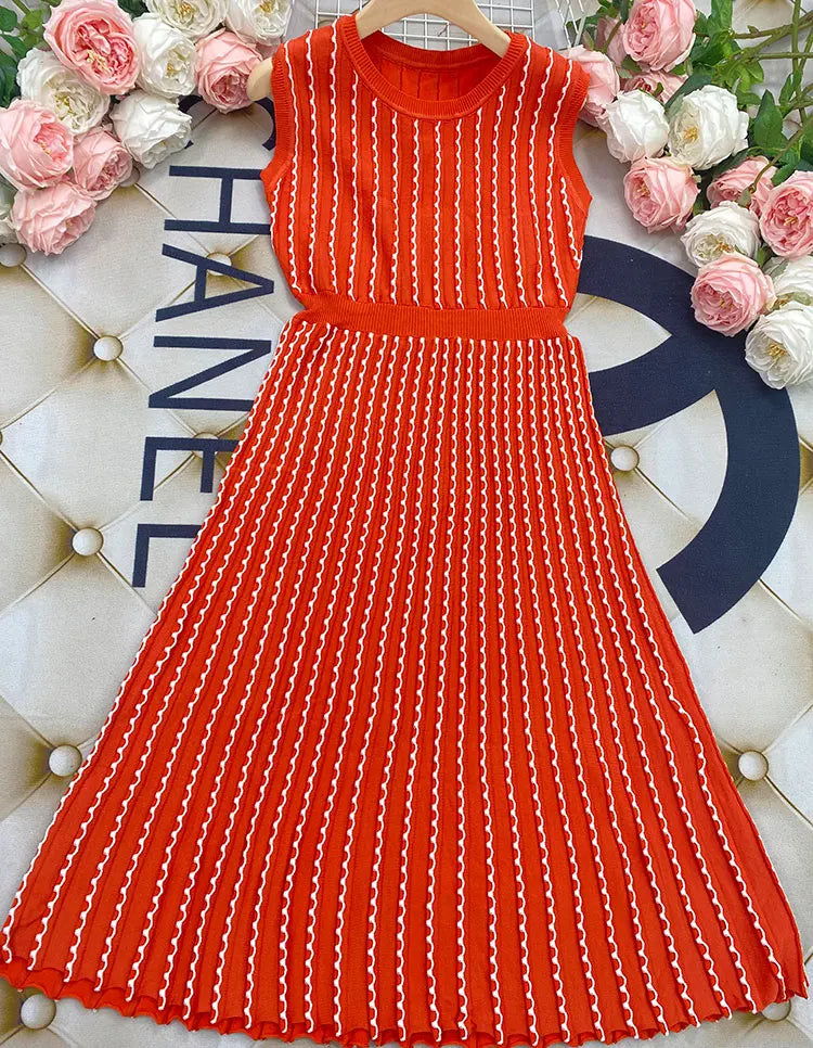 2024 New Listing Elegant Striped Knit Dress Women O-neck Sleeveless A-line Dresses Club Evening Party Midi Vestido