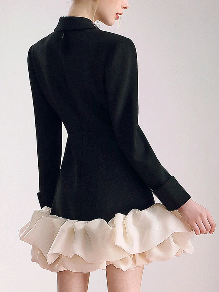 TWOTWINSTYLE Colorblock Patchwork Diamonds Elegant Dresses For Women V Neck Long Sleeve High Waist Spliced Organza Dress Female