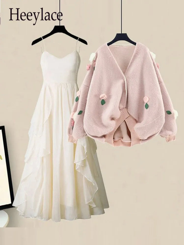Women Spring Two Pieces Sets Korean Long Sleeve Knitted Sweater Cardigan And Ruffles Patchwork Mesh Long Dress Suit