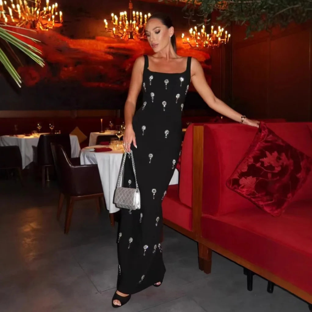 Celebeity Red Carpet Dress Women Sleveless O-Neck Bodycon Long Bandage Dress Shinning Crystal Celebrate Evening Party Dress