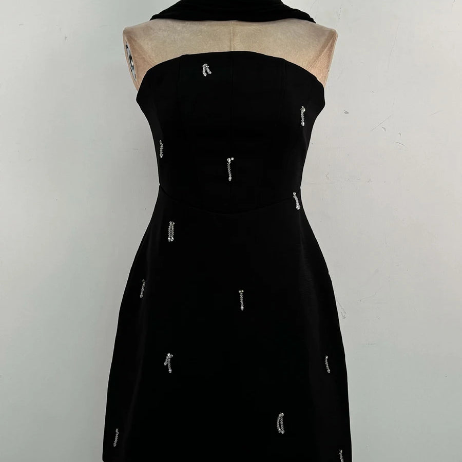 TWOTWINSTYLE Solid Slimming Spliced Bead Elegant Dresses for Women Strapless Sleeveless Temperament Mini Dress Female Fashion