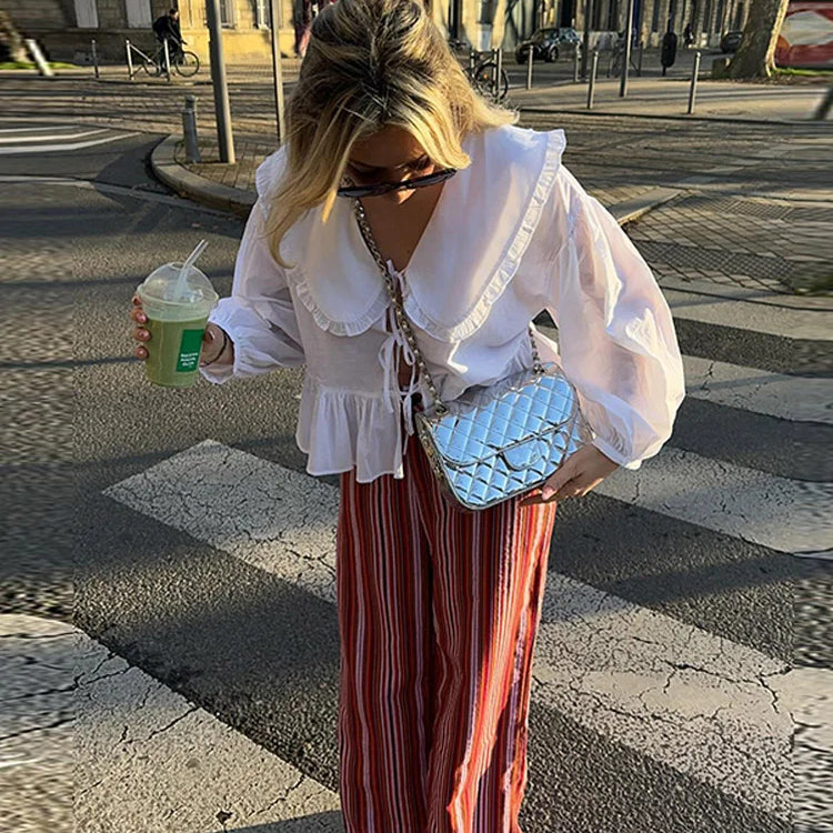 Chic Lace Up Pleated Women Shirts Blouses Lantern Sleeve White Female Streetwear Loose Spring Summer Lapel Elegant Lady Top