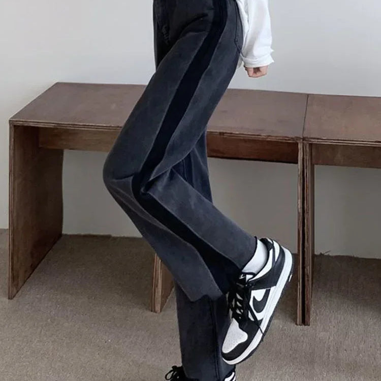 Korean Ankle Length New Hight Waist Side Stripe Straight Jeans Woman Baggy Big Size 5xl Wide Leg Denim Pants Spring