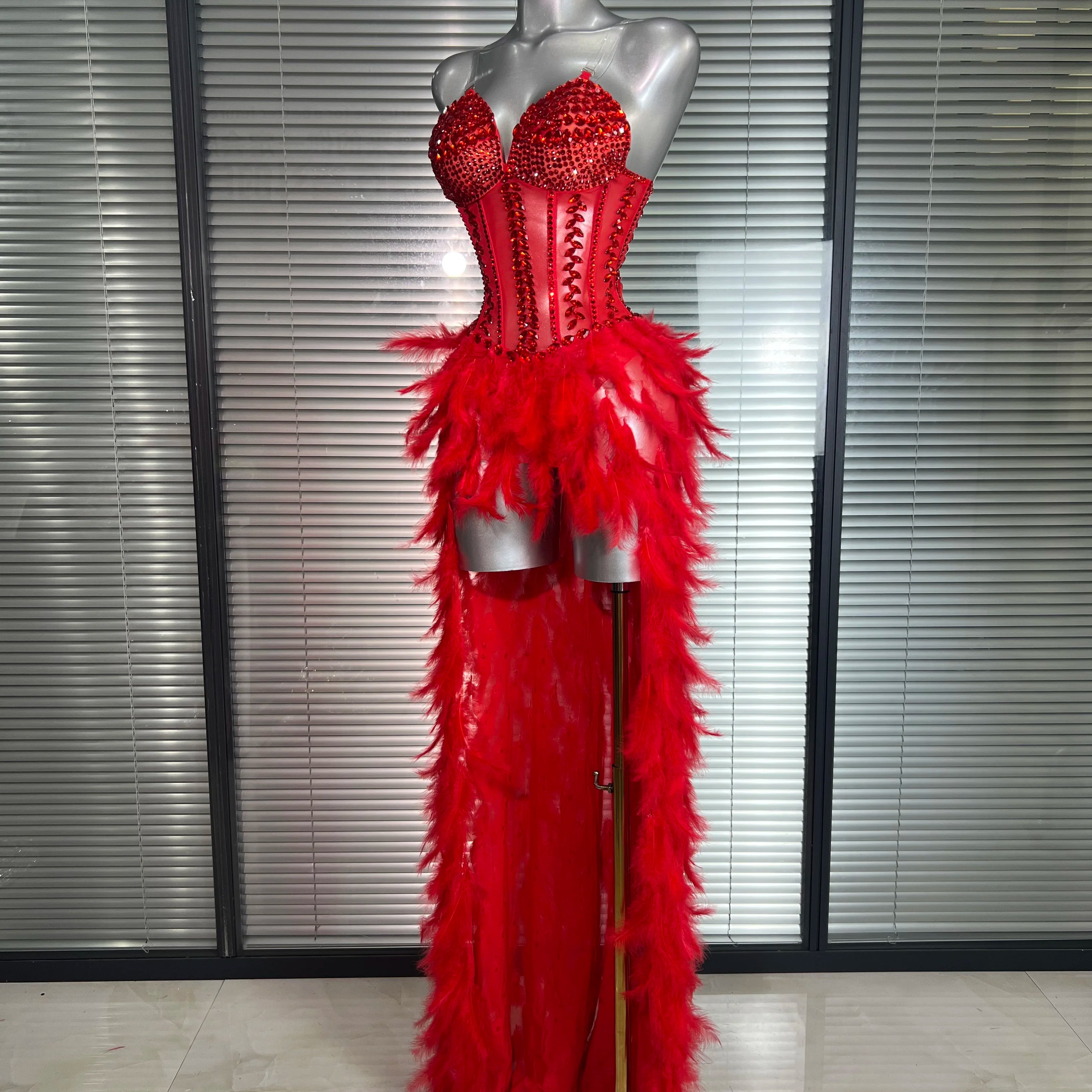 Women Sexy Mesh Feathers Stage Costume Stage Red Stretchy Night Club Bodysuit Party Maxi Dress