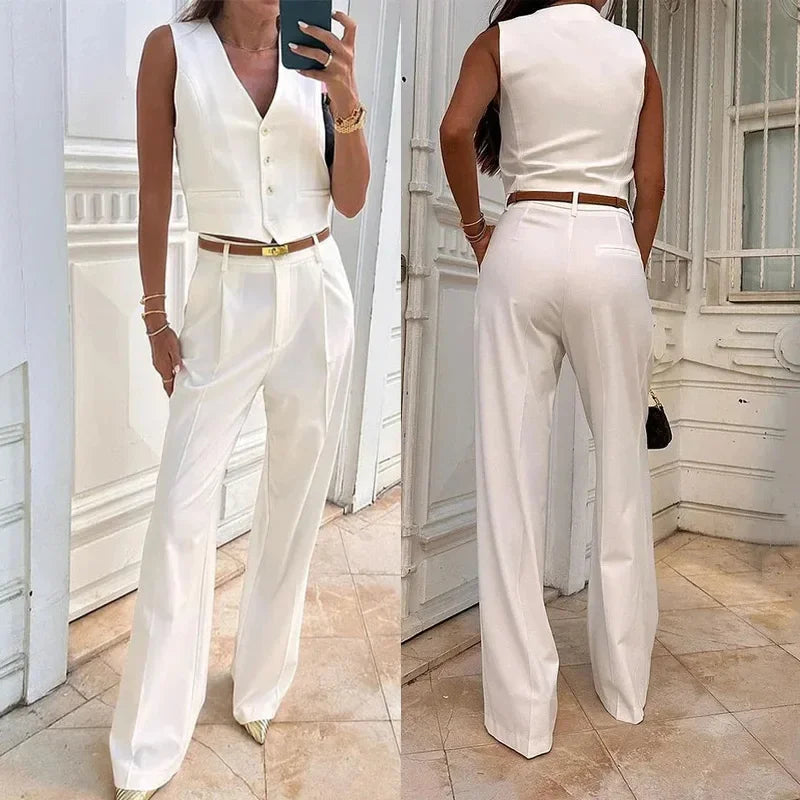 Solid Casual Vest Pants Women 2 Piece Set V-neck Sleeveless Single Breasted Vests Wide Trousers Summer Office Lady Outfit WHITE
