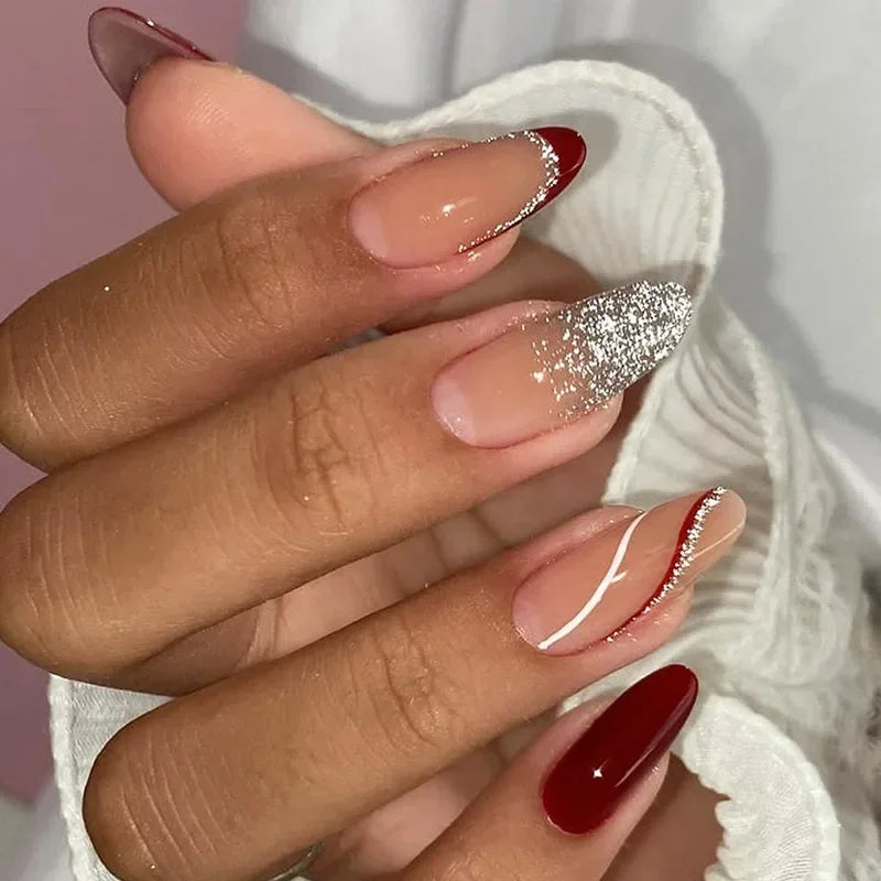 24Pcs Purple Heart Almond False Nails Artificial Simple with Glue French Wearable Fake Nails Full Cover Press on Nails Tips Art