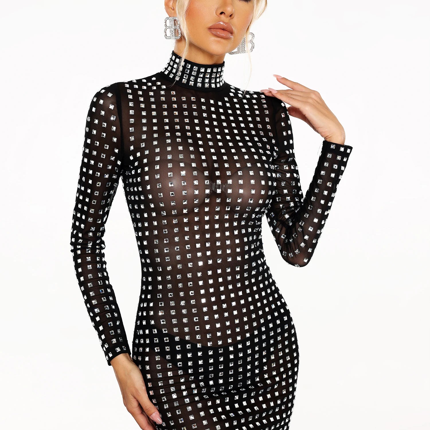 New Arrival Women Long Sleeve Sexy Mesh Bodycon Mini Dress Shinning Sequins Fashion Nightclub Party Celebrate Birthday Dress