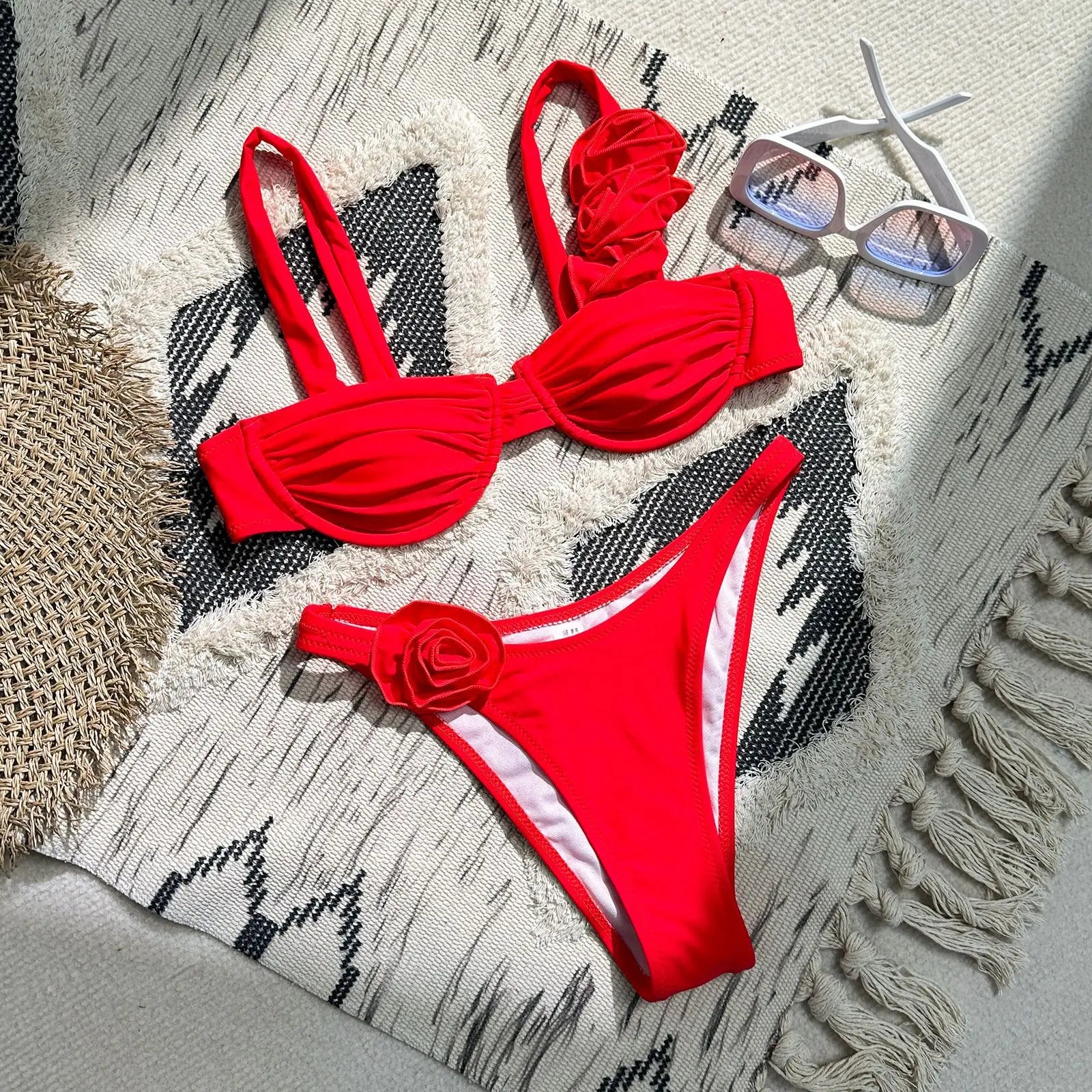 Lace Up Bikini Micro Bikinis Set New Womens Swimsuit Sexy Female Swimwear Floral Bathing Suit Thong Biquini Swimming Suits red