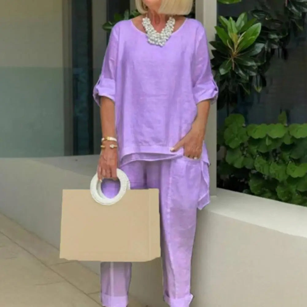 Women Casual Two Pieces Set Summer Fashion Half Sleeve O-Neck Loose Suit Female Vintage Pocket Top Long Pants Solid Outfit