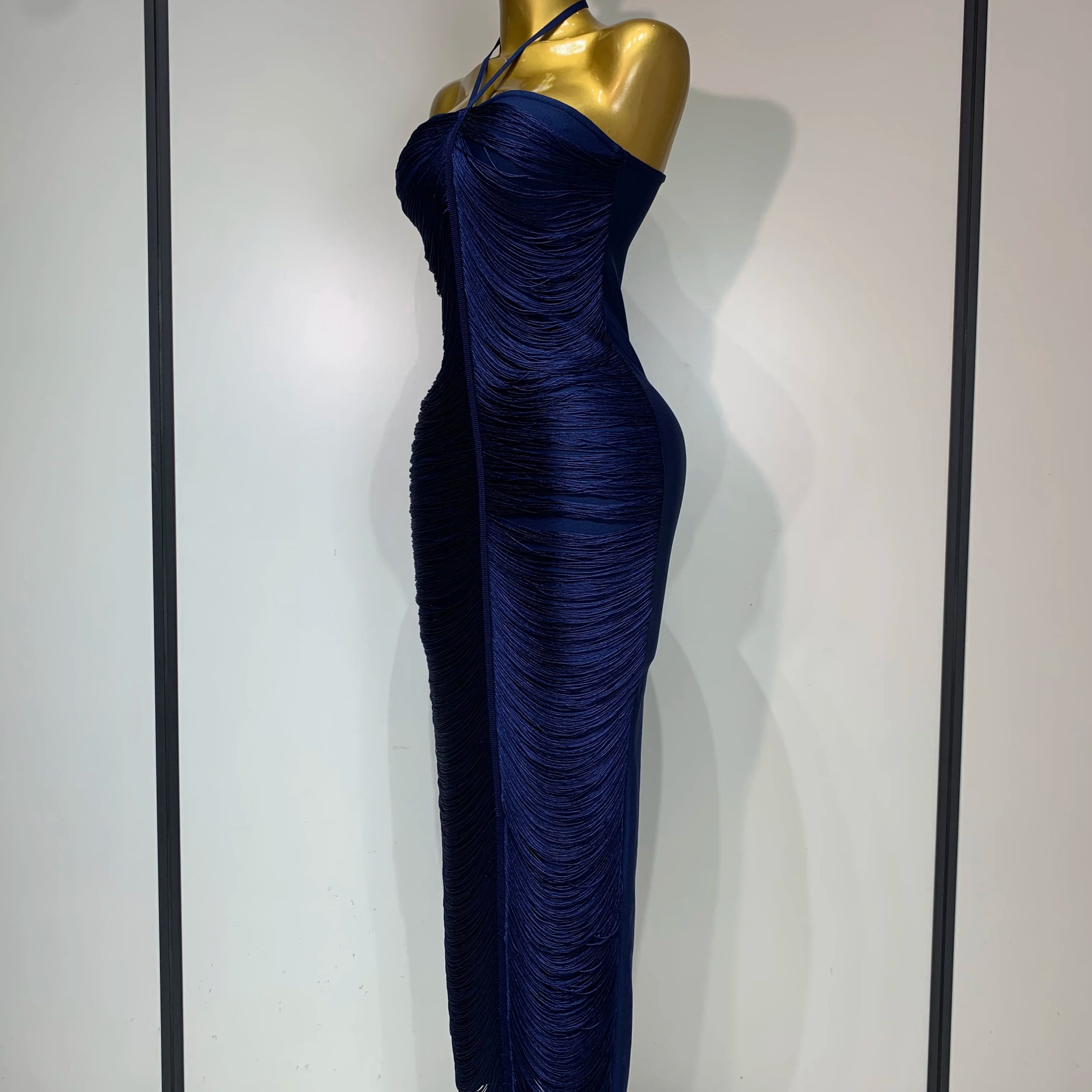 Women's Fashion Tassel Split Hanging Neck Bodycon Dress Elegant Celebrity Evening Party Luxuru Birthday Wedding Guest Dress