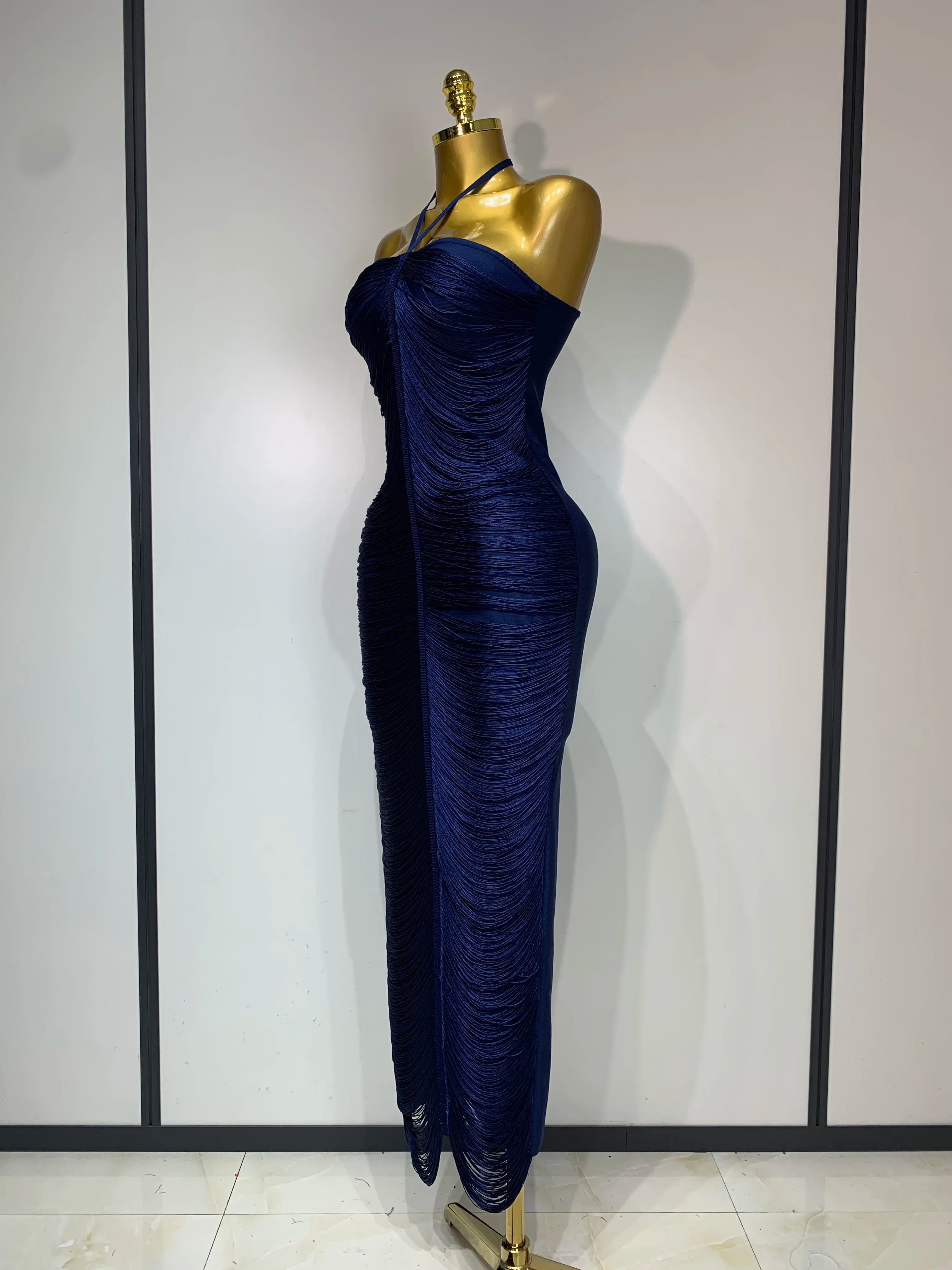 Women's Fashion Tassel Split Hanging Neck Bodycon Dress Elegant Celebrity Evening Party Luxuru Birthday Wedding Guest Dress