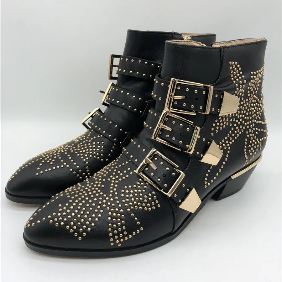 Women's Ankle Boots Rivet Flower Susanna Studded Cowboy Boots Genuine Leather Luxury Shoes Ladies Botines Mujer