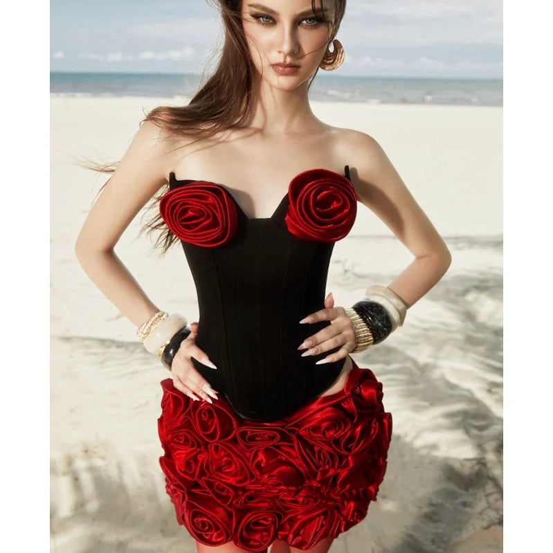 Stereoscopic Red Flower Woman Set Strapless Top And Mini Dress 2 pieces  Fashion Woman Evening Party Dress Birthday Party Outfit