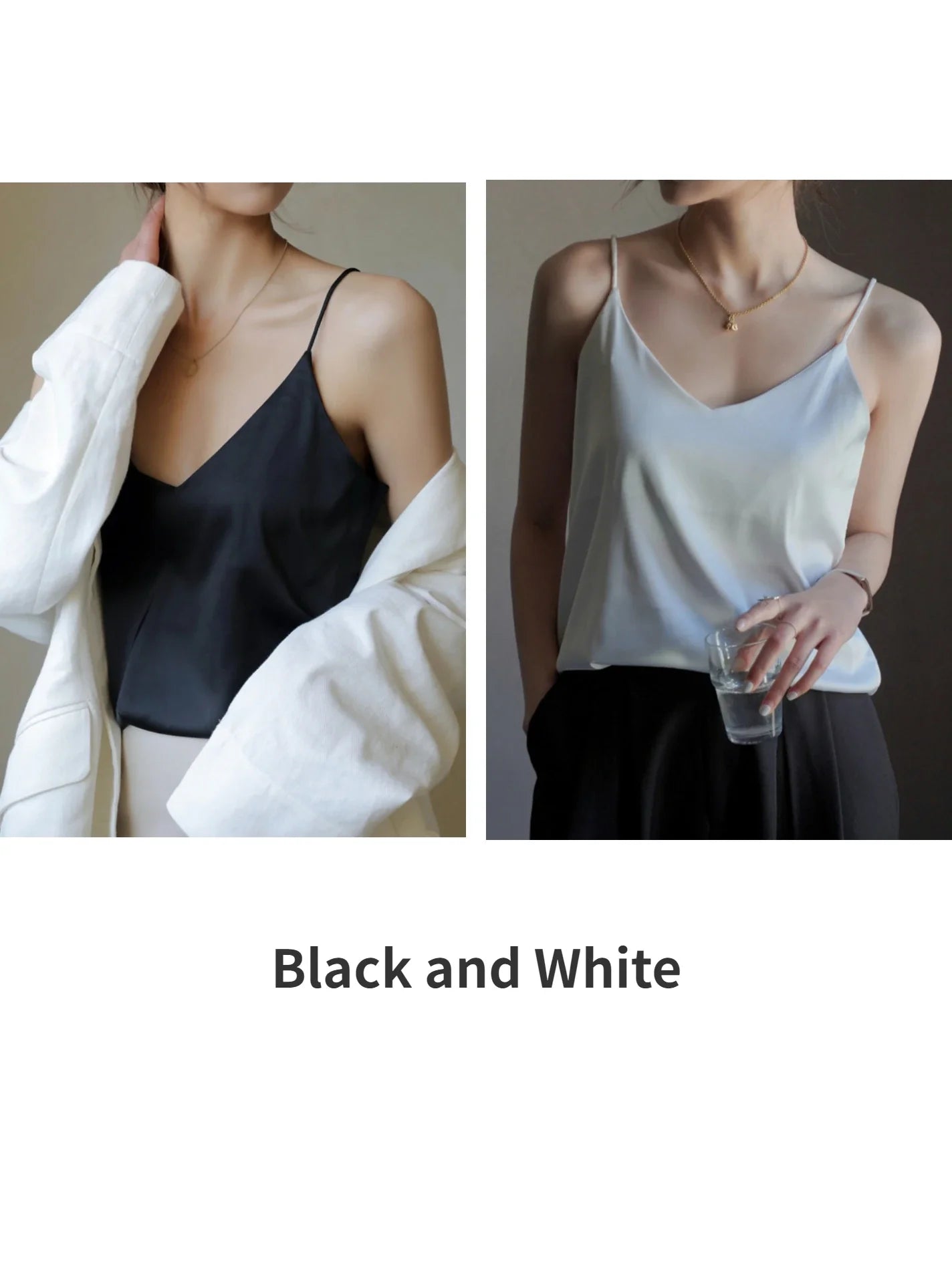 Grey Camisoles for Women Acetate SATIN Loose Summer Spaghetti Strap Tank Top Solid V-neck Fashion Sexy Backless Tanks & Camis Black and White